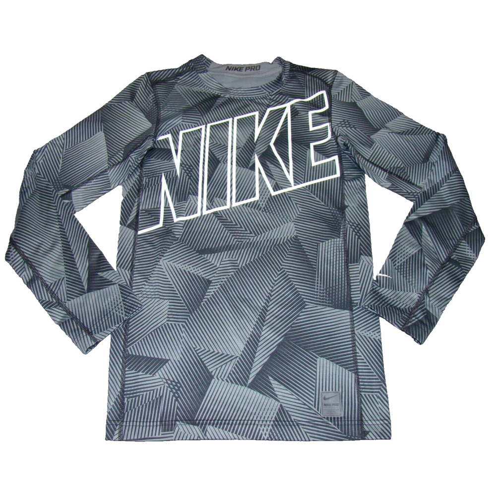 Nike Pro Dri Fit Compression Boys Shirt L Gray Black Long Sleeve Crew Neck Logo